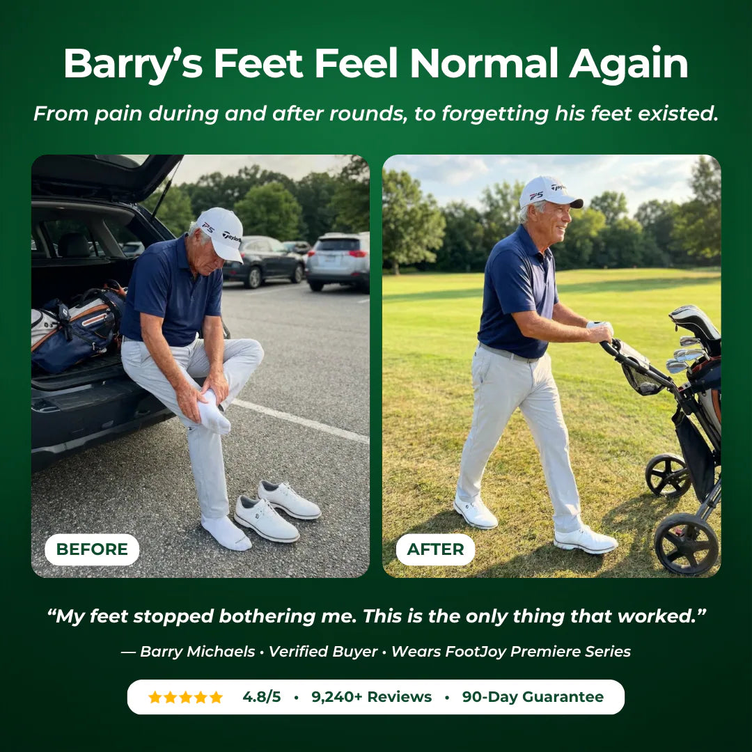 Back9Relief Golfer's Comfort Insoles — before and after: golfer walking 18 holes without foot pain