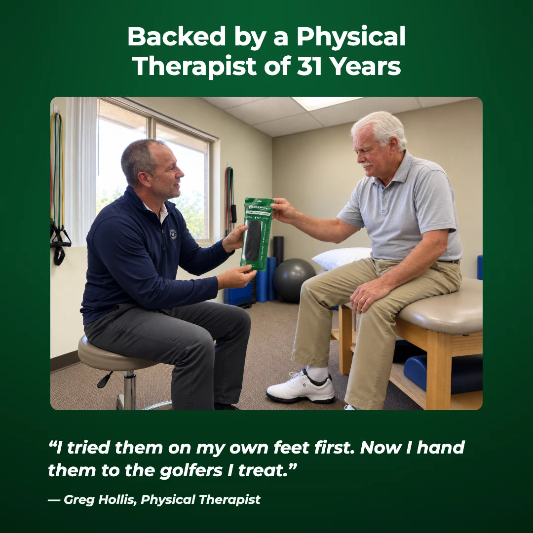 Physical therapist Greg Hollis handing a pack of Back9Relief Golfer's Comfort Insoles to a golfer patient