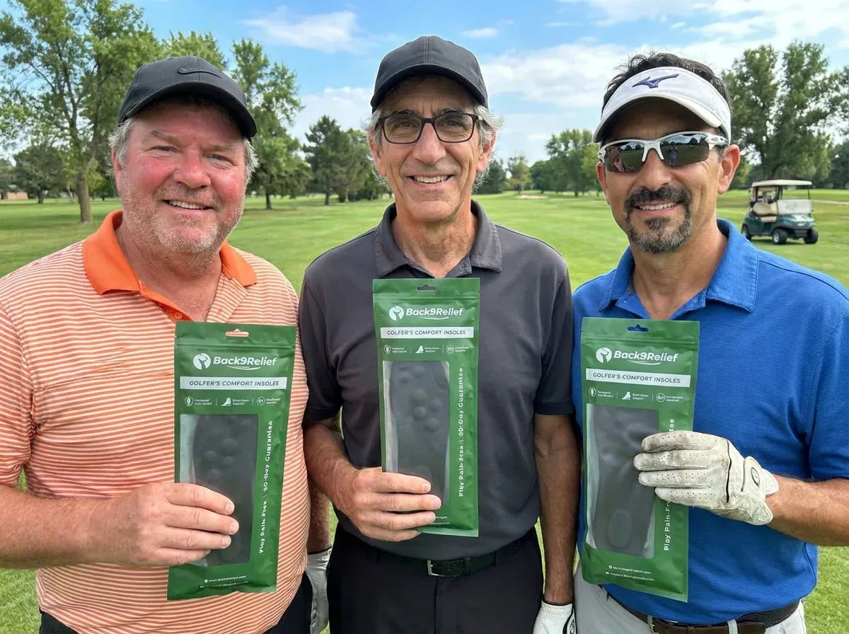 Three golf buddies on the fairway, each holding a pack of Back9Relief Golfer's Comfort Insoles