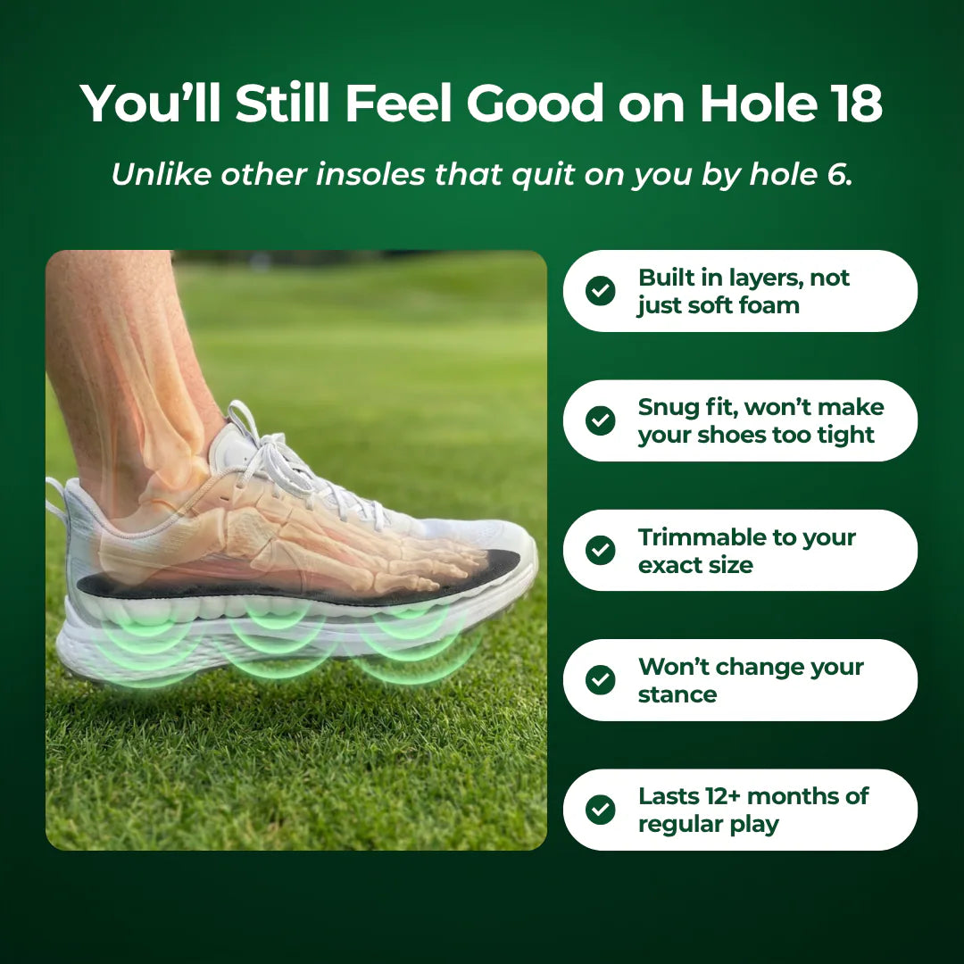 Back9Relief Golfer's Comfort Insoles — layered golf shoe insoles that last the full round, trimmable to size