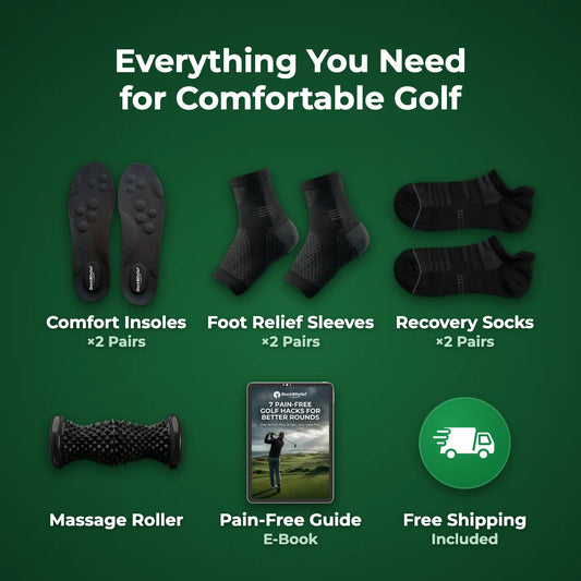 The Complete 18-Hole Relief Kit: comfort insoles, foot relief sleeves, recovery socks, massage roller, pain-free guide and free shipping