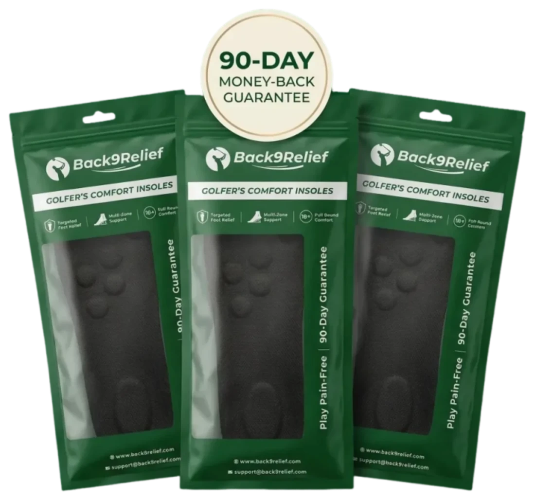 Three packs of Back9Relief Golfer's Comfort Insoles with a 90-day money-back guarantee