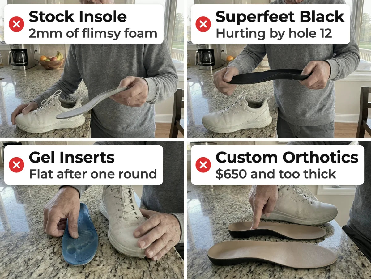The insoles Greg tried: stock insole, Superfeet Black, gel inserts and custom orthotics, each marked with a red X