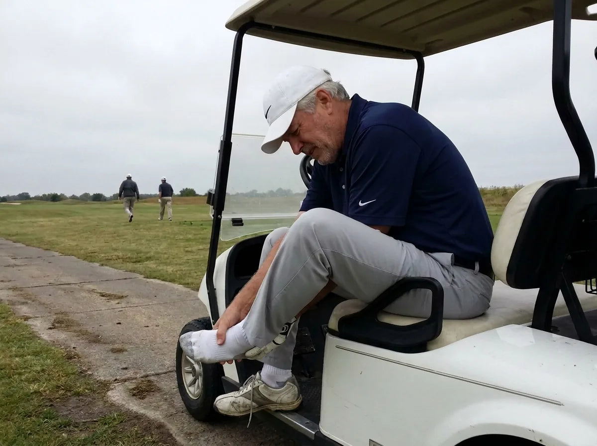 A golfer slumped in his cart pulling at his sore foot while his buddies walk on without him