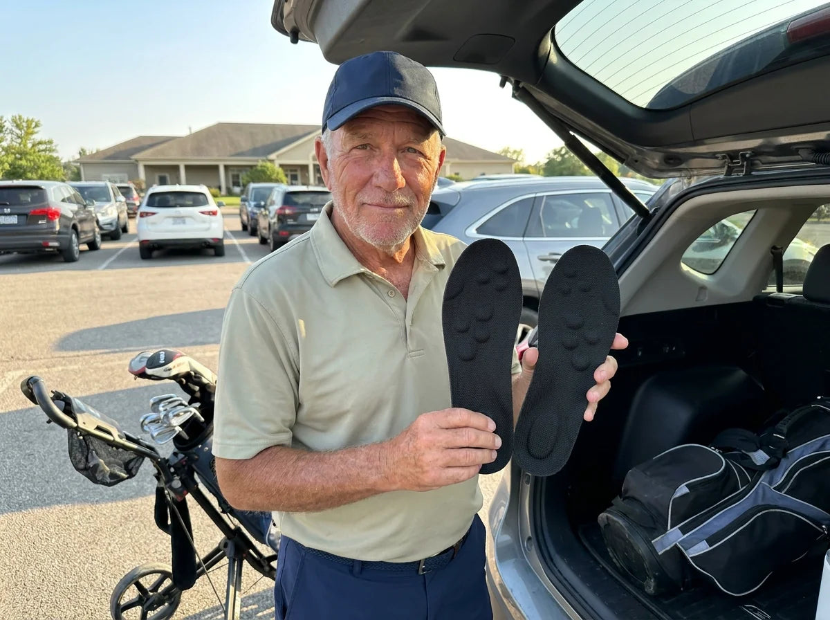 Dale at his open trunk after a round, holding up a pair of insoles