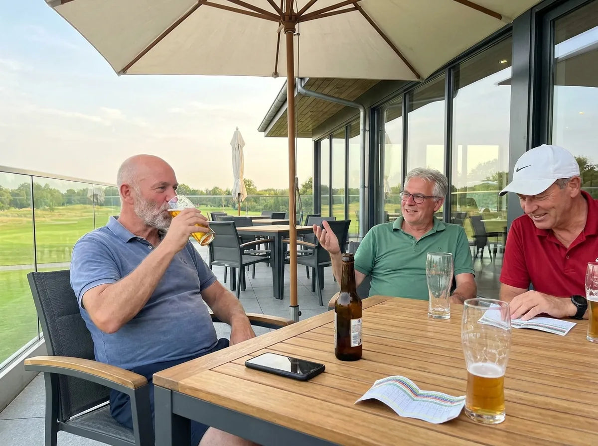 Golf buddies relaxing over beers on a modern clubhouse patio after the round